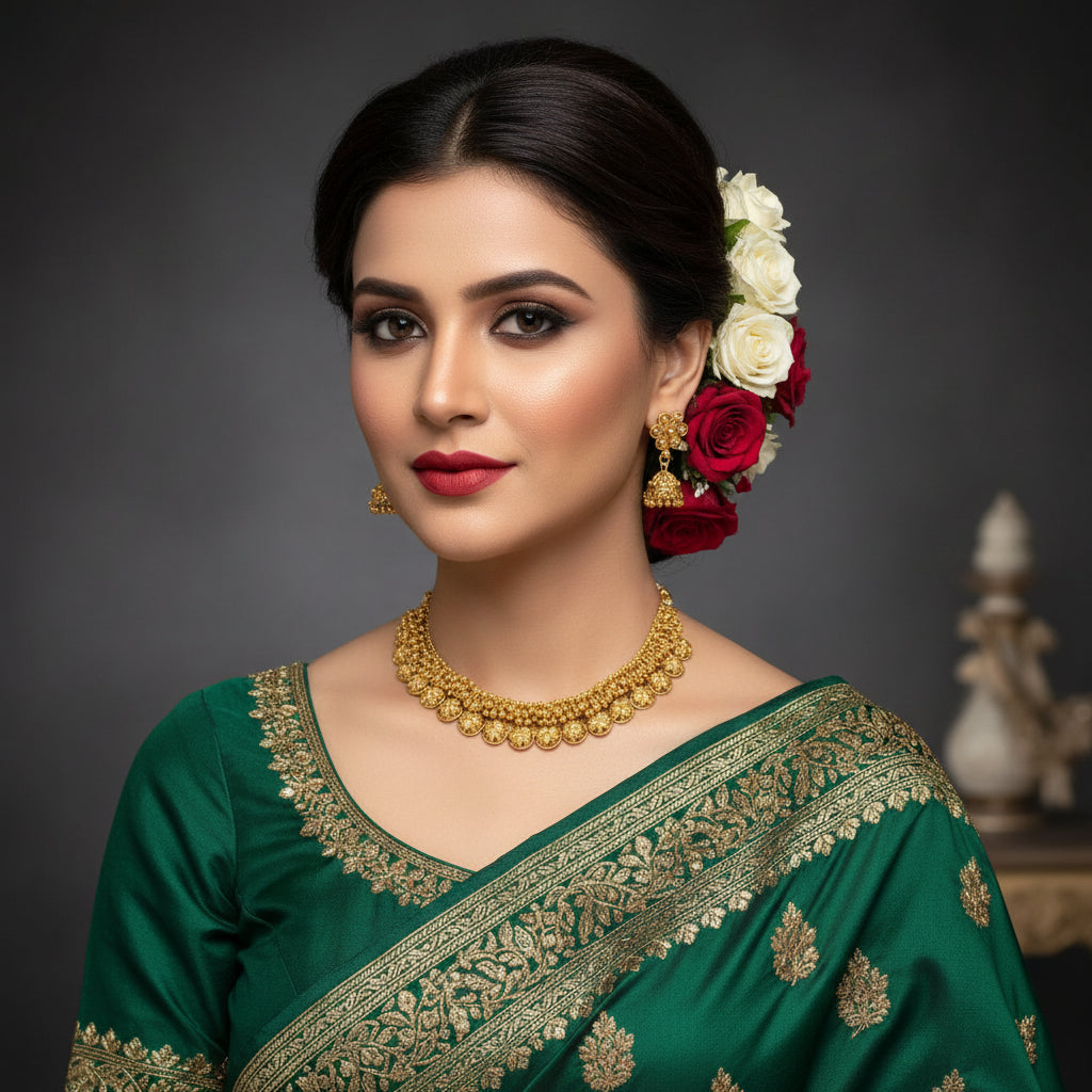 Gold necklace and earrings on a dark background with 'SAHELI' branding.