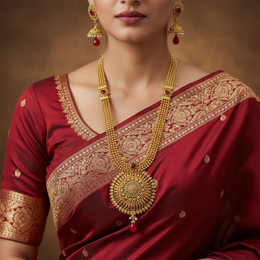Gold necklace with red stones and matching earrings on a black background, branded 'Saheli'.