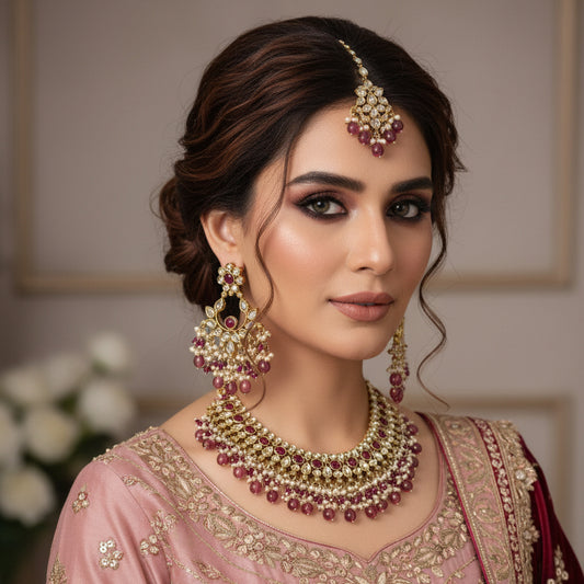 Ornate necklace with matching earrings on a dark background