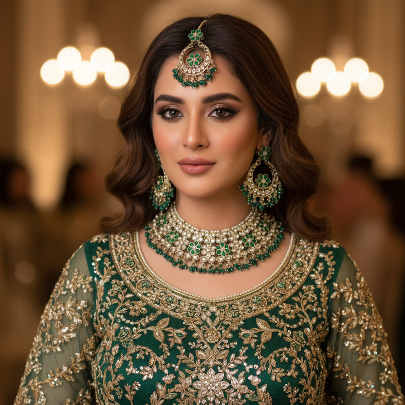 Ornate necklace and earrings with green and white stones on a dark background