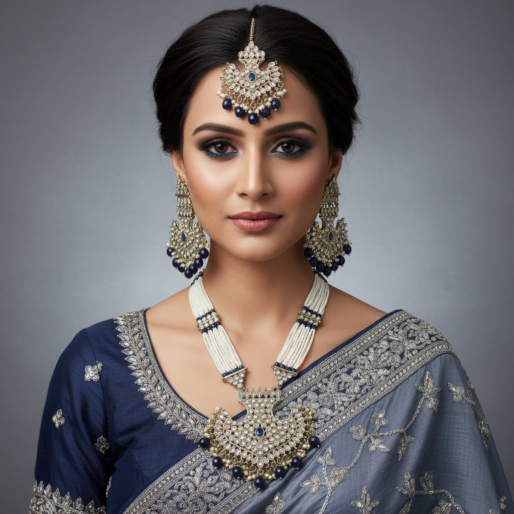 Ornate necklace and earrings set with blue stones on a dark background