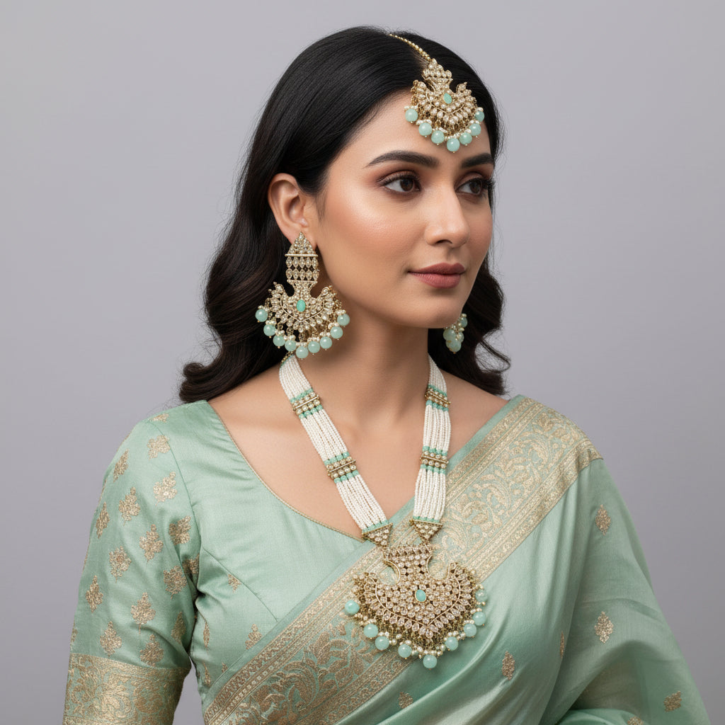 Ornate jewelry set with necklaces and earrings on a dark background
