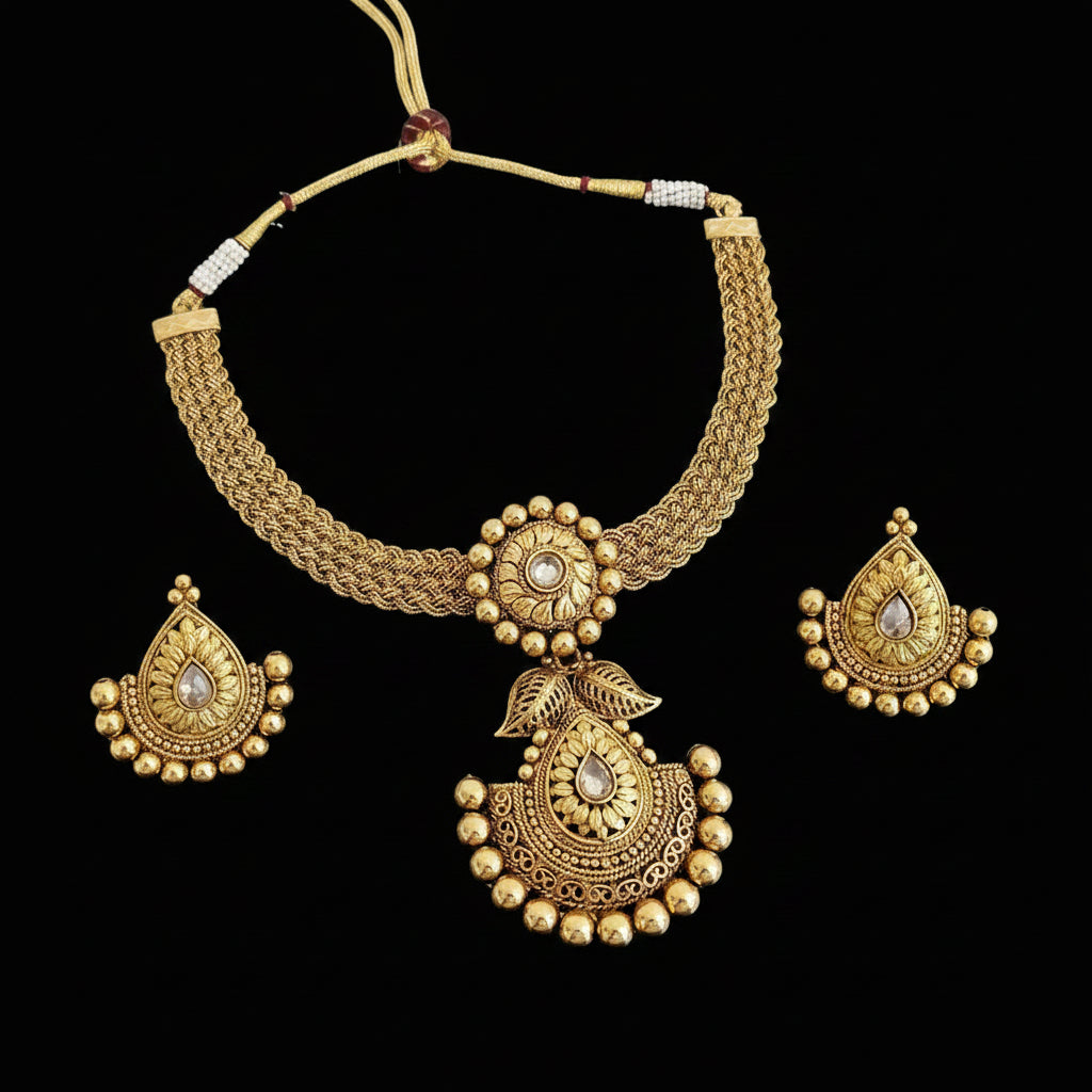 Gold necklace and earrings set with 'SAHELI' branding on a dark background