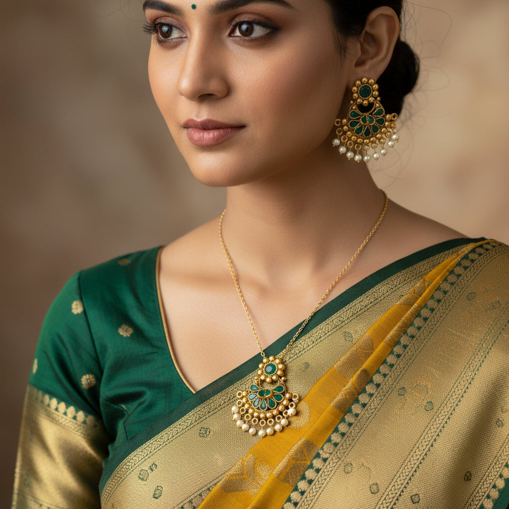 Gold and green earrings with pearls on a dark background, branded 'Saheli'.