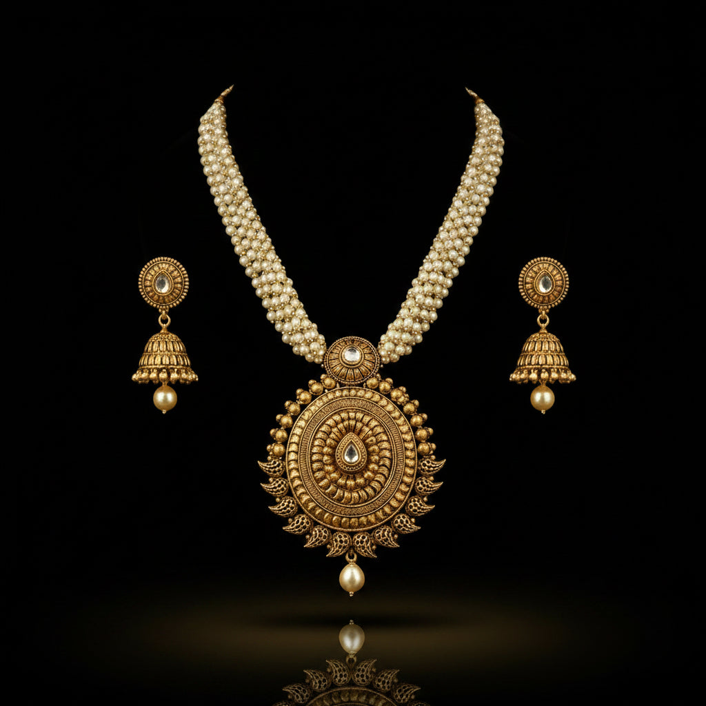 Gold necklace and earrings with intricate designs on a dark background, featuring the brand 'SAHELLI'.