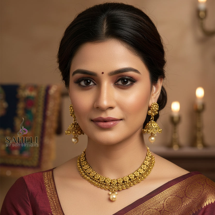 Gold necklace and earrings set on a black background with 'SAHeli' branding.