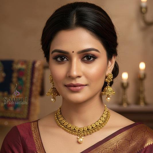 Gold necklace and earrings set on a black background with 'SAHeli' branding.