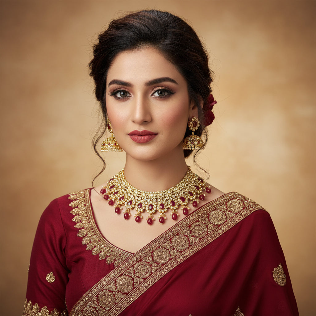 Gold necklace with red stones and matching earrings on a black background, branded 'SAHELI'.