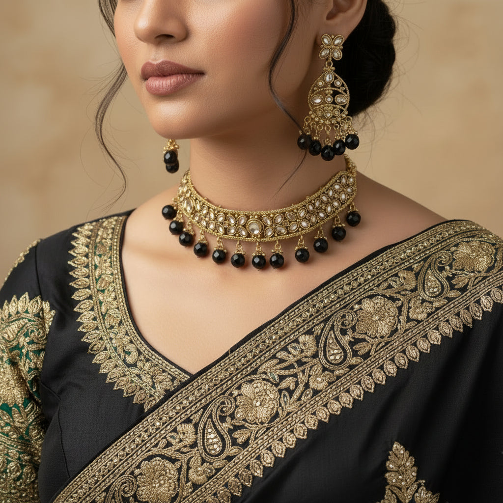 Gold-plated traditional Indian jewelry set featuring a choker necklace, matching earrings, and a nose chain, embellished with white stones and black bead drops, displayed on a dark reflective surface.