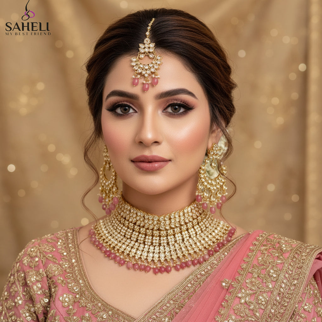 Gold-toned traditional Indian jewelry set including a choker necklace, matching earrings, and a maang tikka, decorated with clear stones and pink gemstone accents, displayed on a dark reflective surface. The SAHeli logo is visible in the top left corner.