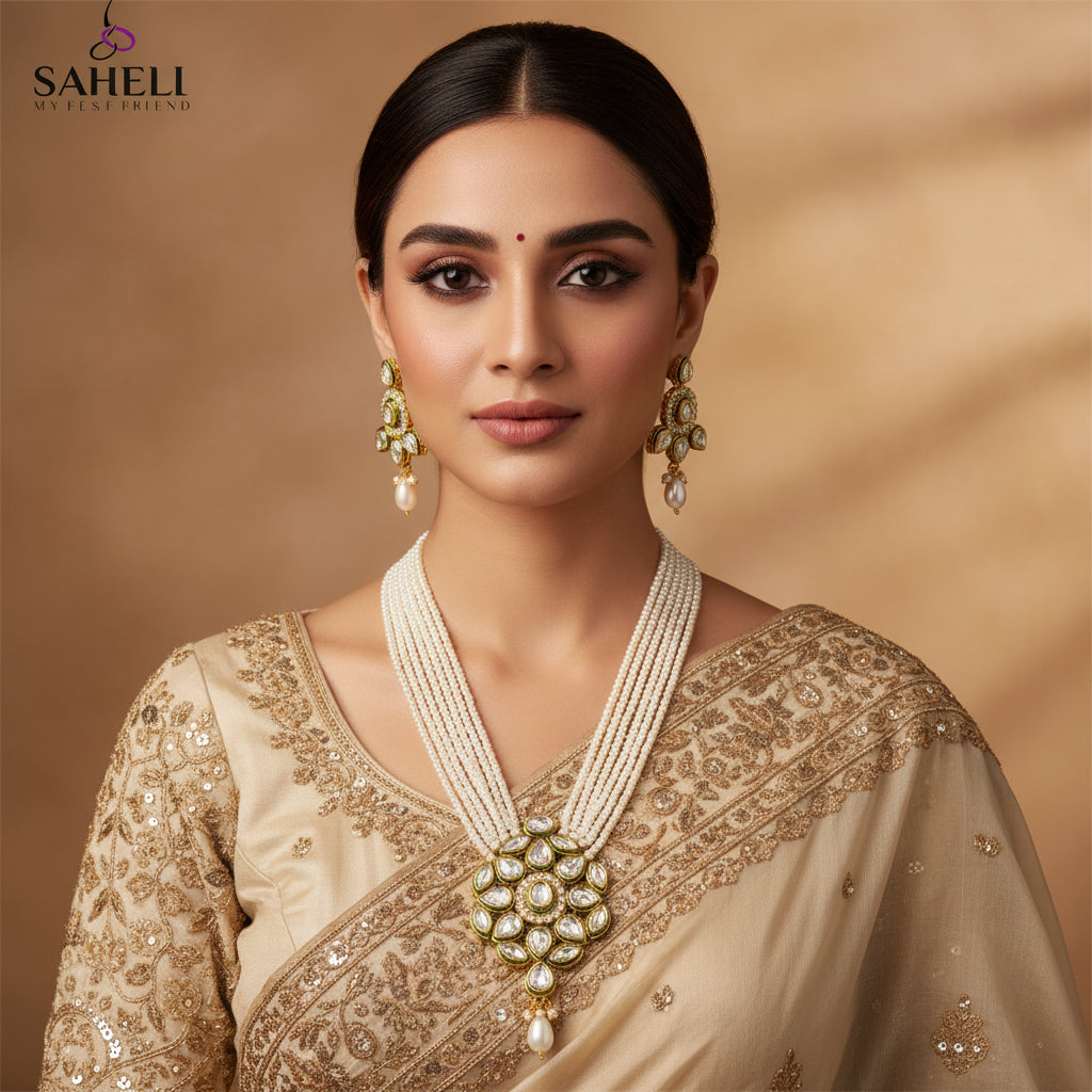 Gold-plated jewelry set featuring a multi-strand necklace and matching earrings with white faux pearls and clear stones, displayed on a dark reflective surface. The brand logo 'SAHELI JEWELLERY' is visible in the upper left.