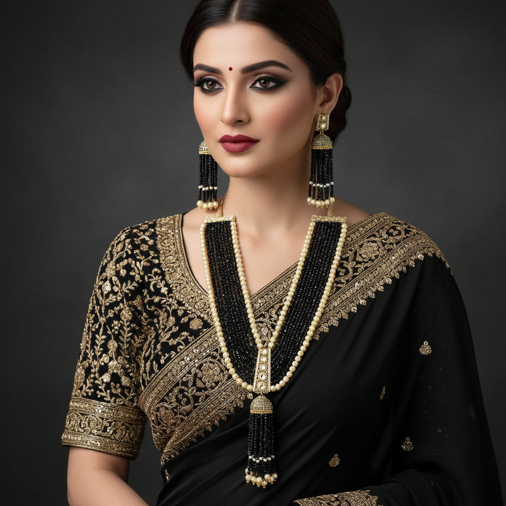 A traditional Indian jewelry set featuring a long beaded necklace and matching earrings. The necklace has multiple strands of black beads accented with cream-colored pearl-like beads and gold-toned metal details, ending in dangling tassel-like clusters of black and cream beads.