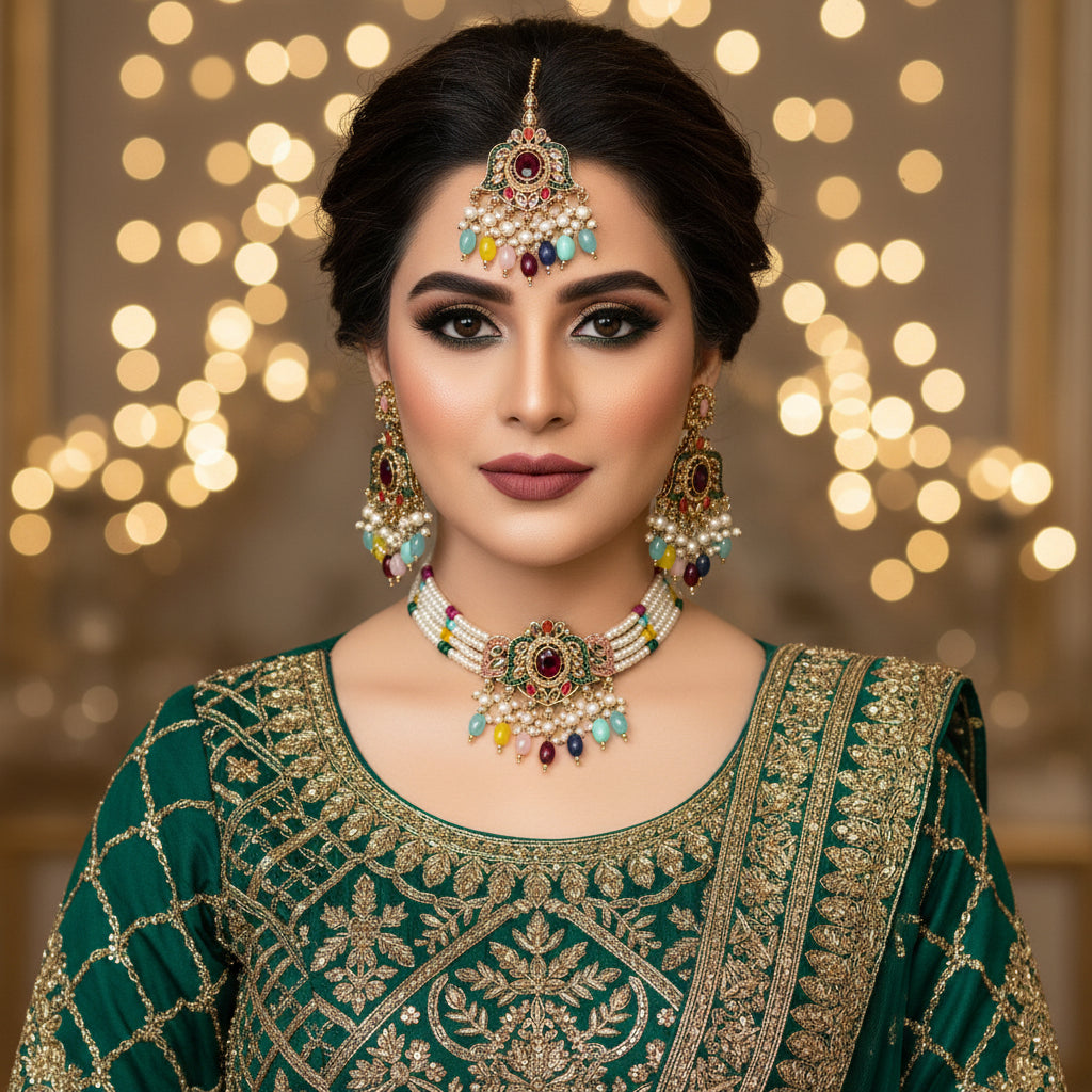 Jewelry set with earrings, necklace, and choker on a black background with 'Sanieli' branding.