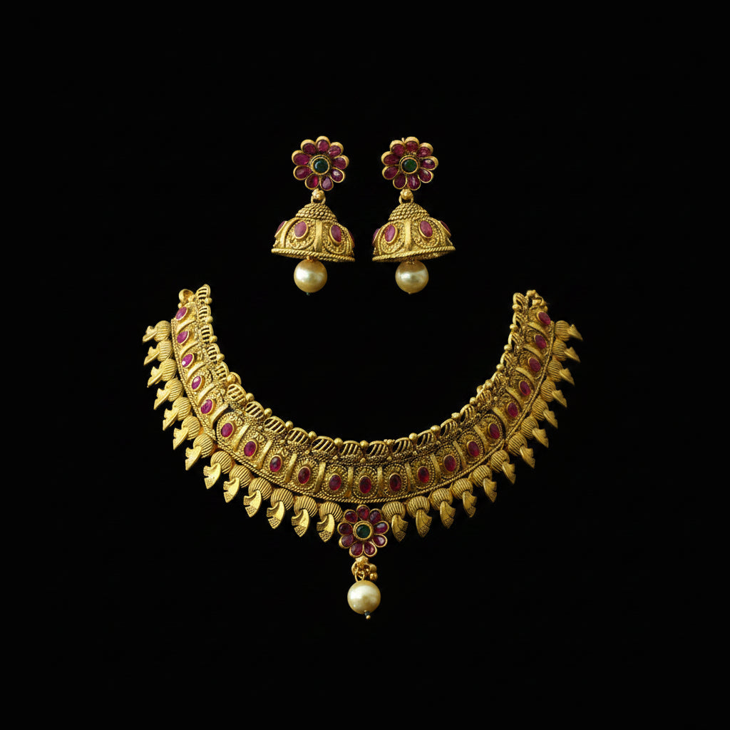 Gold-toned traditional Indian jewelry set featuring a choker necklace, matching jhumka earrings, and a dangling pendant, decorated with pink stones, green stones, and white pearls on a dark reflective surface. The brand logo 'SAHELL MY BEST FRIEND' is visible in the top right.