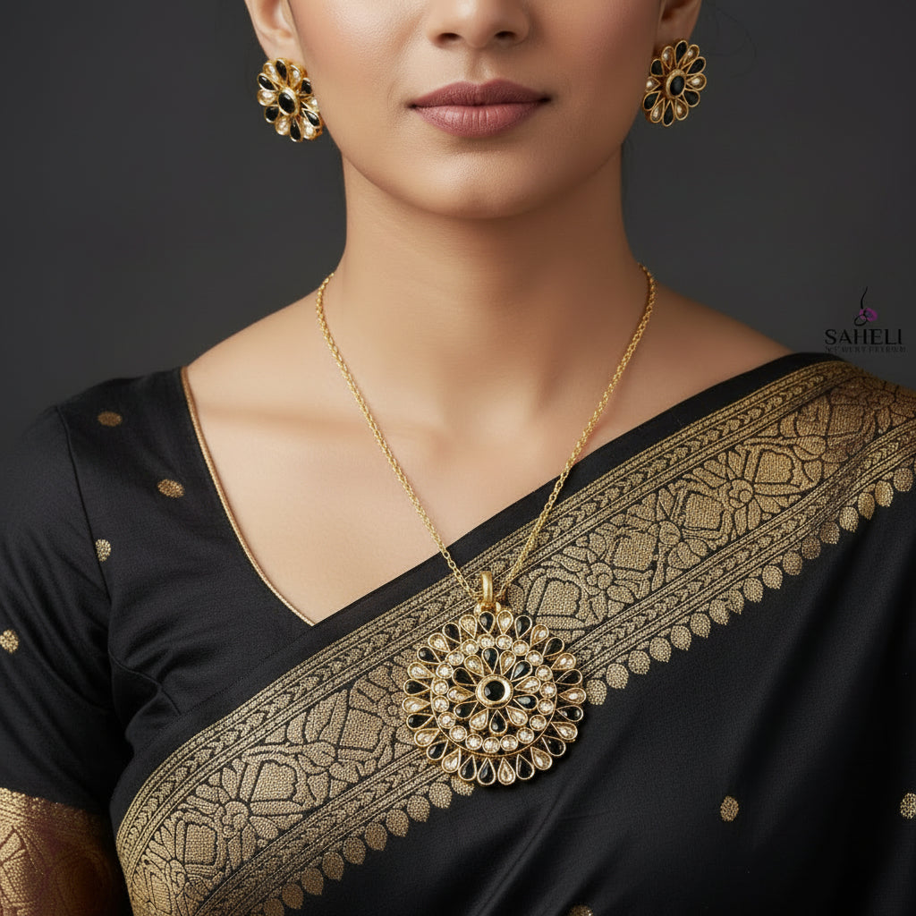 Gold and black floral jewelry set with 'SAHELI' branding on a dark background