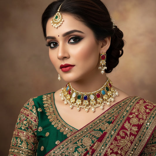 Gold-plated Indian bridal jewelry set including a choker necklace, matching earrings, and a waist chain, embellished with white faux pearls and multicolored gemstone accents on a dark reflective surface.