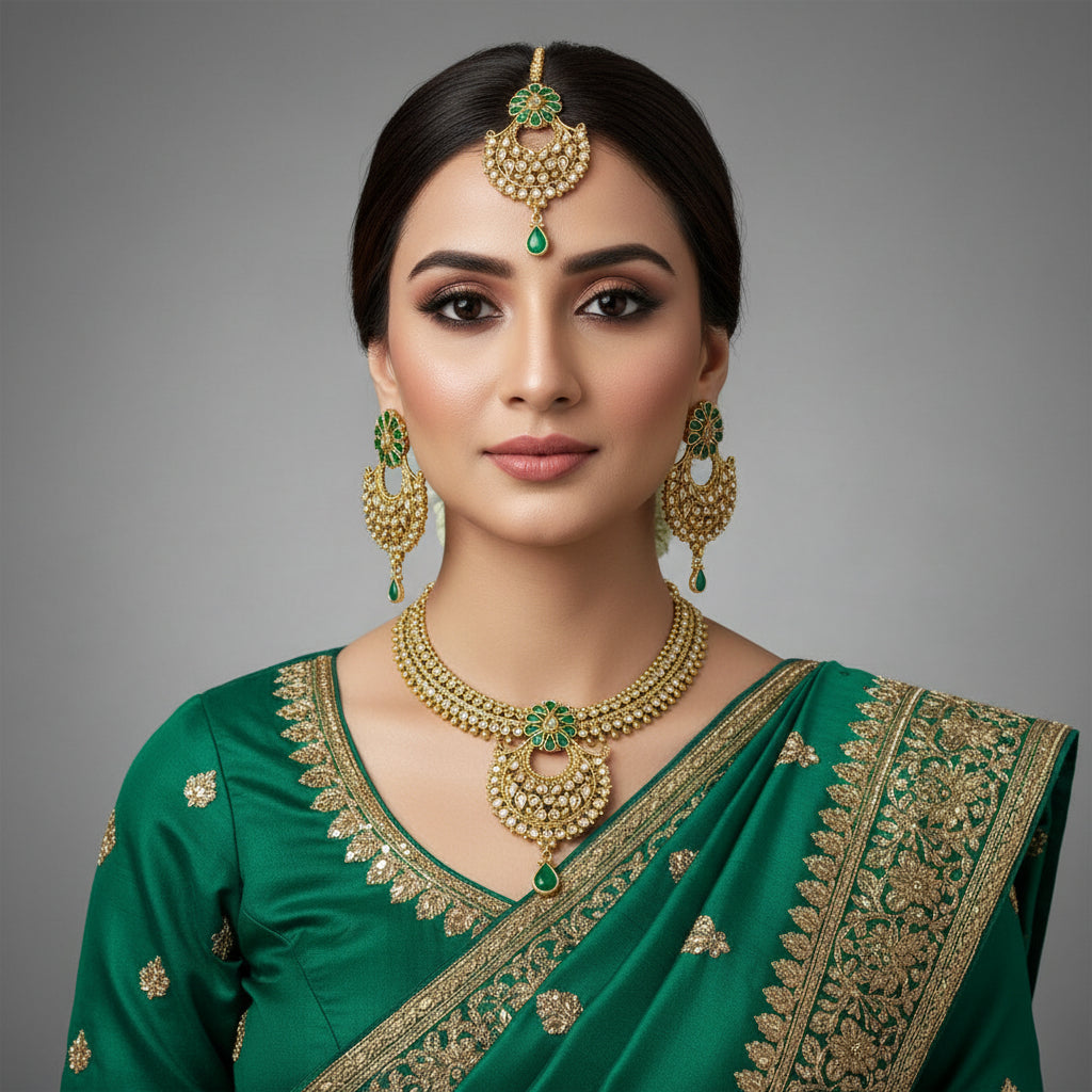 Gold-toned traditional Indian jewelry set featuring a multi-strand necklace, a matching maang tikka, and a pair of chandelier earrings with green stone accents and clear stones, displayed on a dark reflective surface. The brand logo 'SAHeli' is visible at the top center.