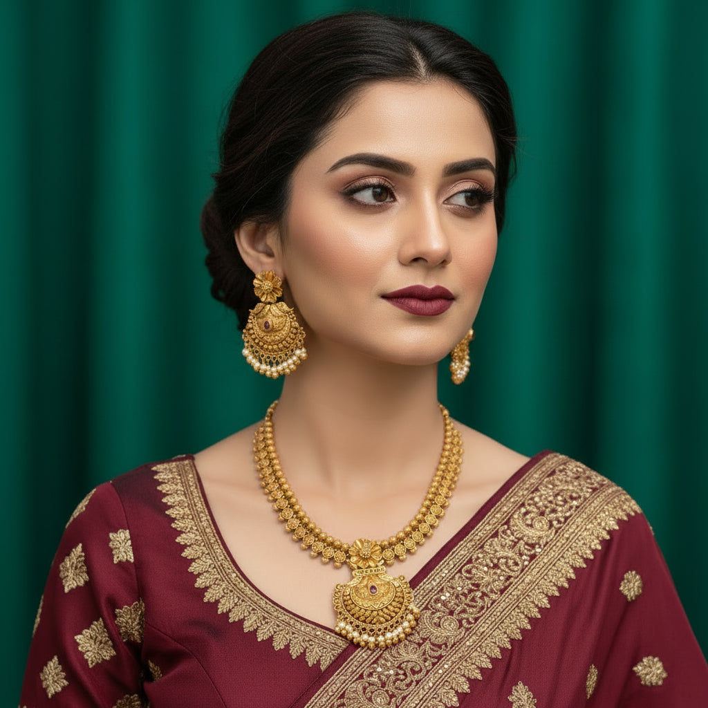 Gold necklace and earrings set on a green background
