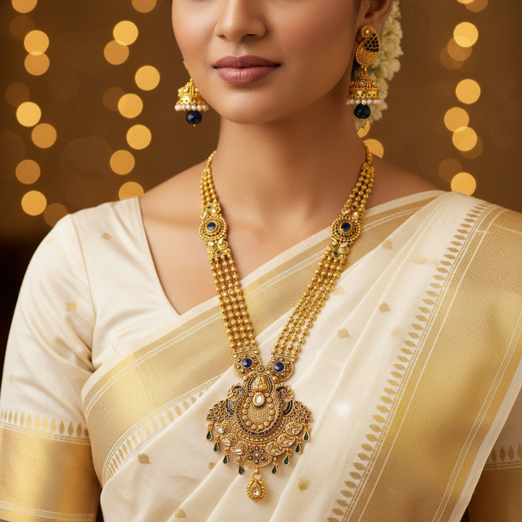 Gold-toned traditional Indian jewelry set featuring a multi-strand necklace with a large ornate pendant, matching earrings, and a small stand, displayed on a dark reflective surface. The jewelry is decorated with gold filigree, blue stone accents, and small white stones.