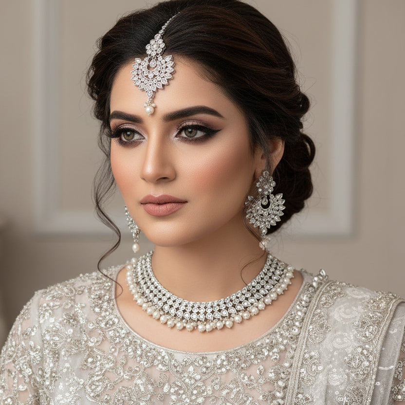 Silver necklace with matching earrings on a dark background