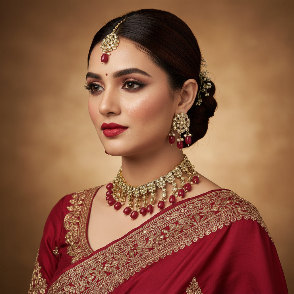 Gold-plated traditional Indian jewelry set featuring a choker necklace, matching earrings, and a maang tikka, embellished with gold-toned metalwork, clear stones, and deep pinkish-red teardrop beads, displayed on a dark gray background.