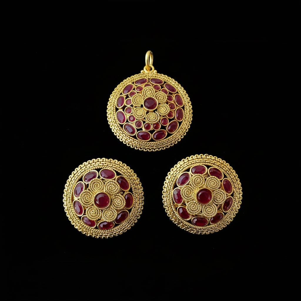 Gold and red gemstone earrings on a dark background with 'SAHELLI' branding.