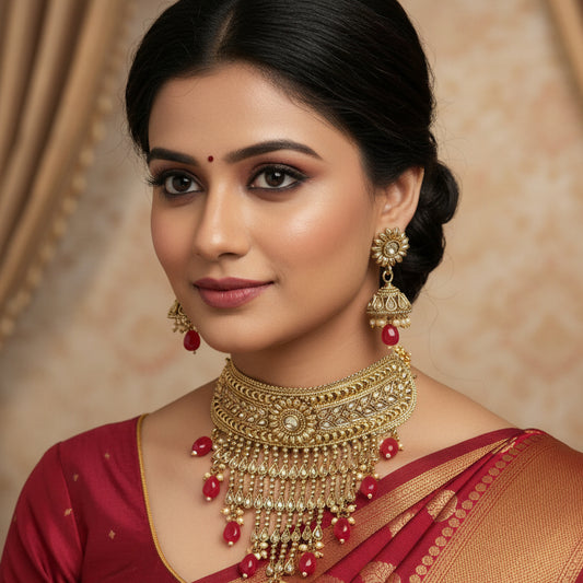 Woman wearing traditional jewelry with a red and gold saree against a beige background