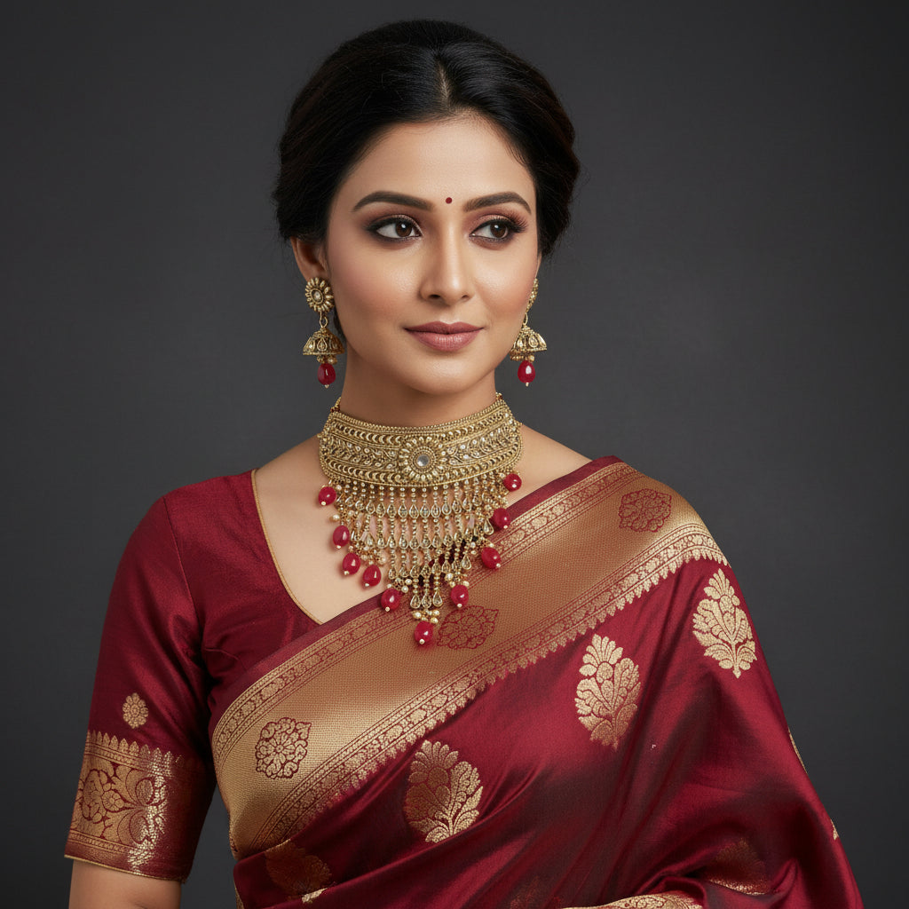 Gold necklace with red beads and matching earrings on a black background
