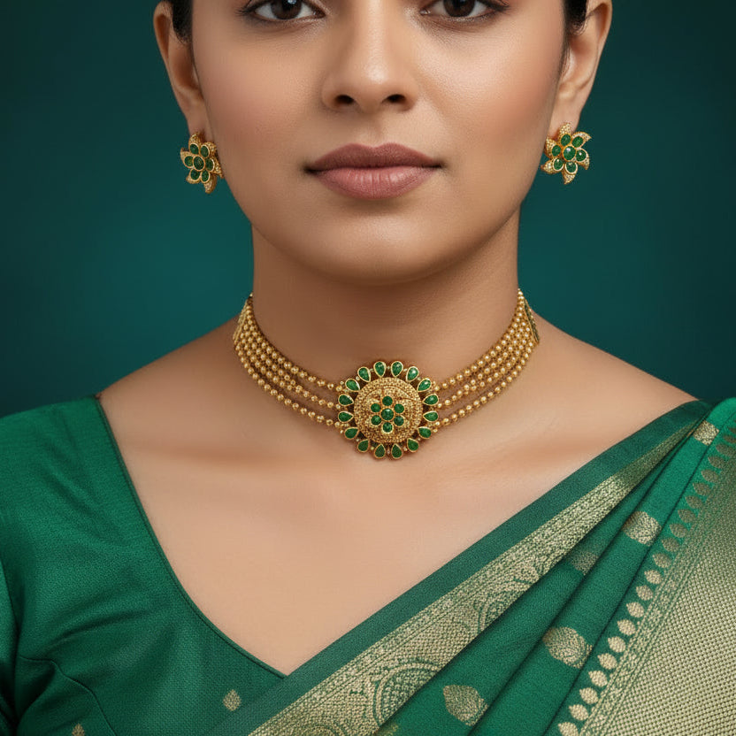 Gold necklace with green gemstones on a dark background