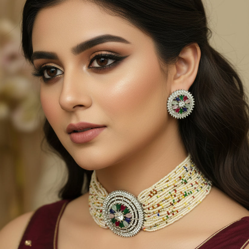 Beaded necklace and earrings on a dark background