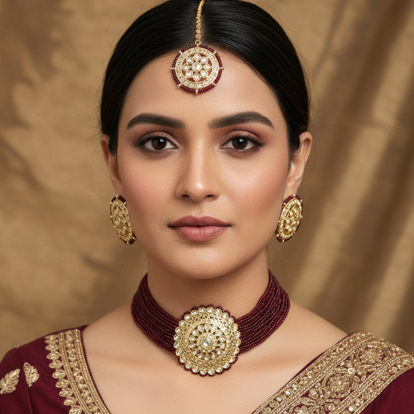 Jewelry set with maroon and gold necklace and earrings on a dark background