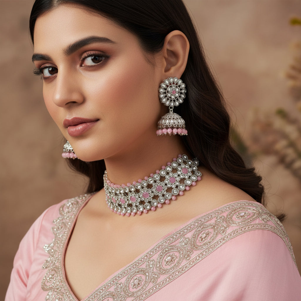 Jewelry set with pink and silver beads on a dark background
