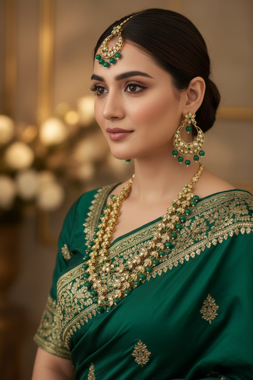 Gold and green jewelry set on a dark surface