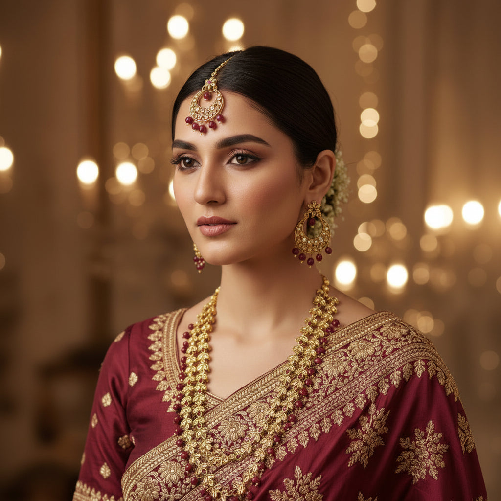 Gold necklace with red beads and matching earrings on a dark background