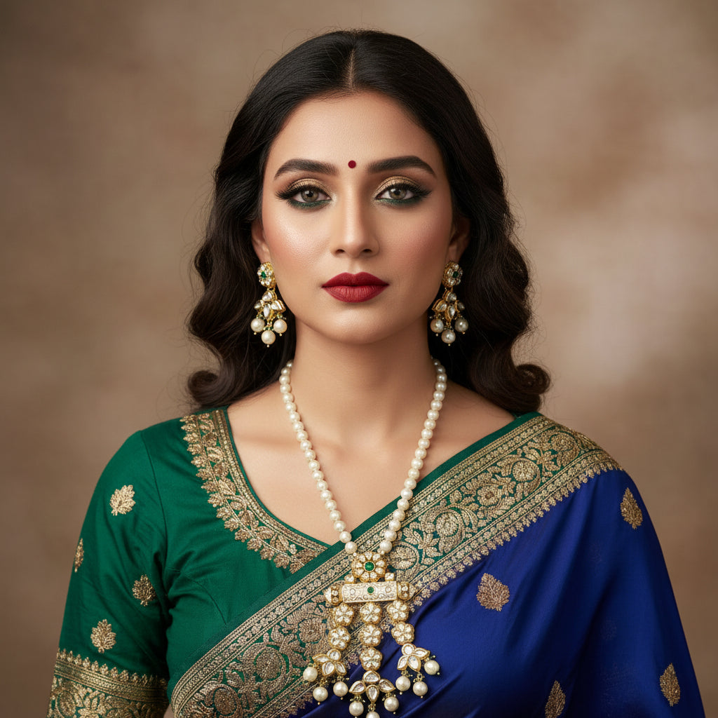 Gold and white pearl jewelry set featuring a necklace with a detailed pendant and matching drop earrings, displayed on a dark reflective surface. The brand logo 'SAHeli' is visible in the top right corner.