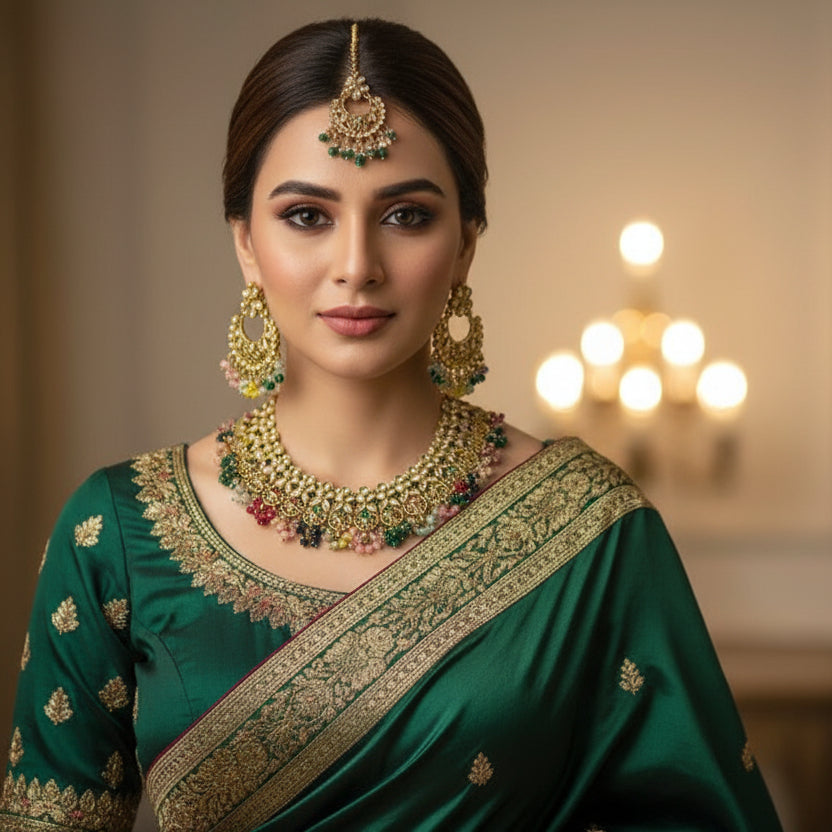 Gold necklace with colorful stones on a dark background