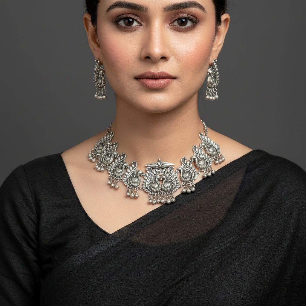 Silver jewelry set with necklace and earrings on a gray background, featuring the brand 'Saheli'.