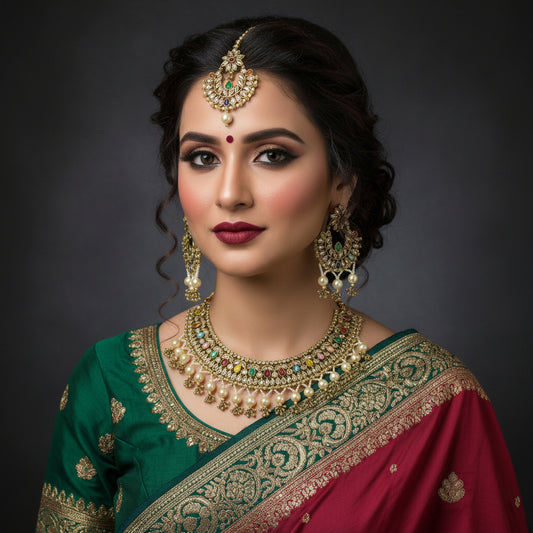 An ornate Indian traditional jewelry set featuring a gold-plated necklace, matching earrings, and a maang tikka, embellished with white faux pearls, gold-toned metal, and multicolored stones, displayed on a dark reflective surface with the brand logo 'SAHELI MY BEST FRIEND' in the background.