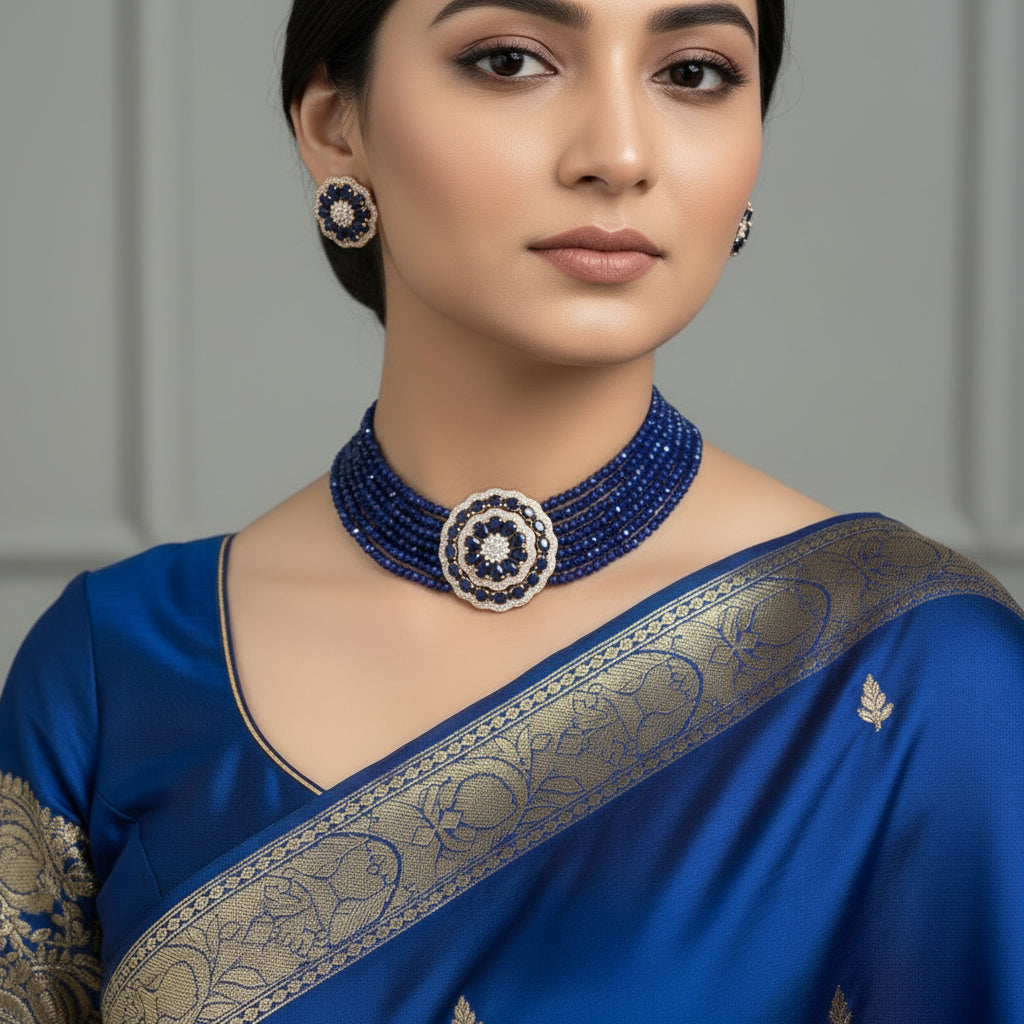 Blue beaded necklace and earrings set with gold accents on a reflective surface, featuring the brand 'Saheli'.