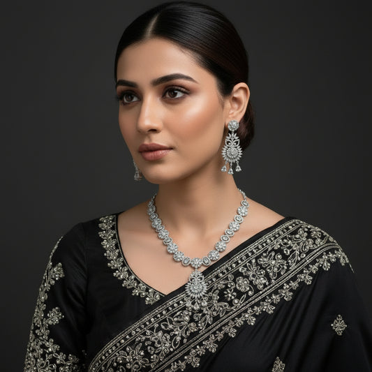 Silver jewelry set with necklace and earrings on a dark background