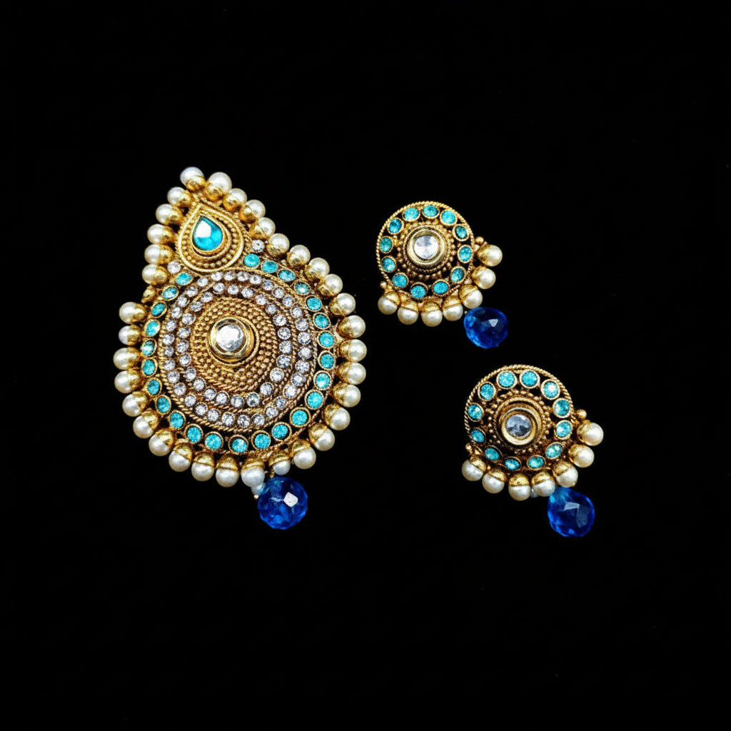 Decorative earrings with blue and pearl accents on a black background, featuring the brand 'Saheli'.