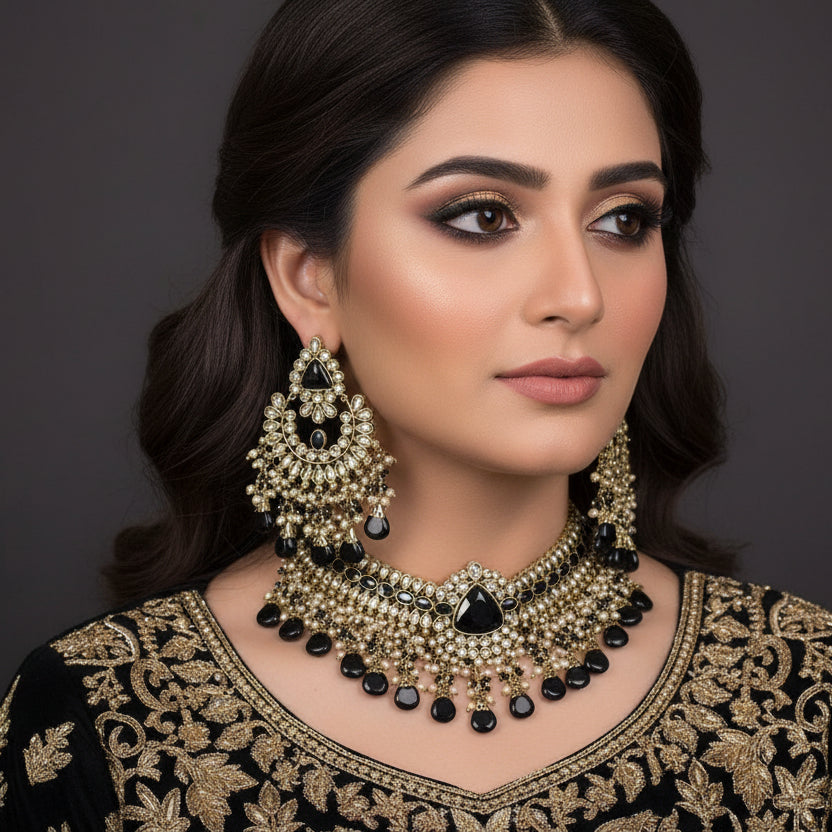 Jewelry set with necklace, earrings, and choker on a dark background