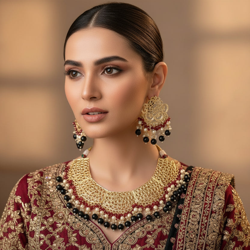 Ornate necklace and earrings set with red, black, and gold colors on a dark background