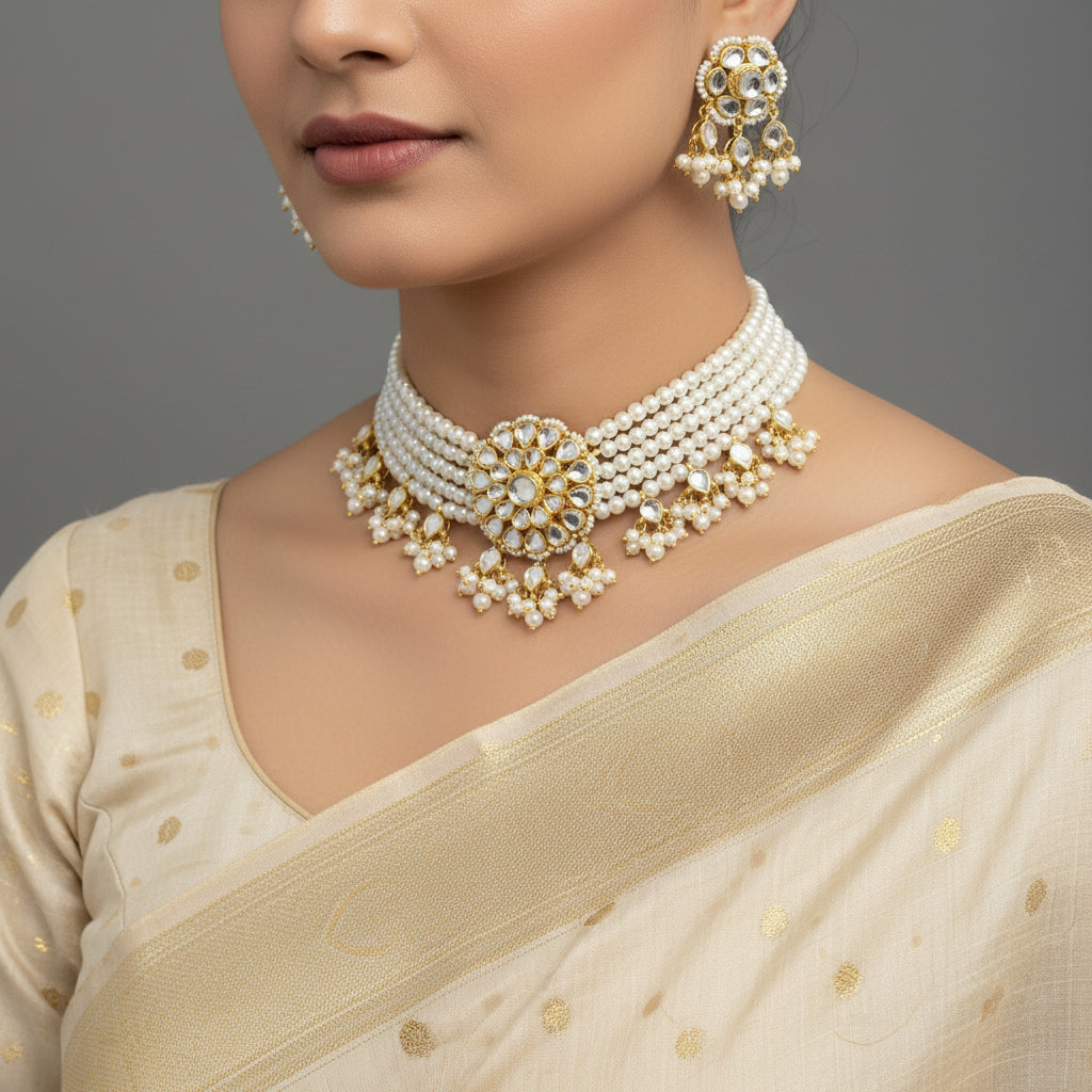 Gold and pearl necklace with matching earrings on a dark background