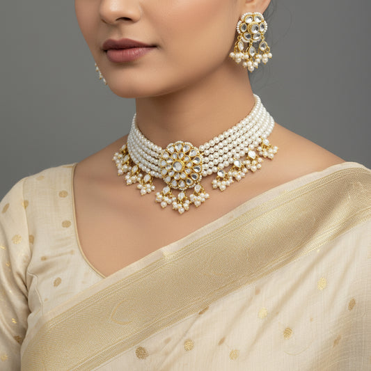 Gold and pearl necklace with matching earrings on a dark background