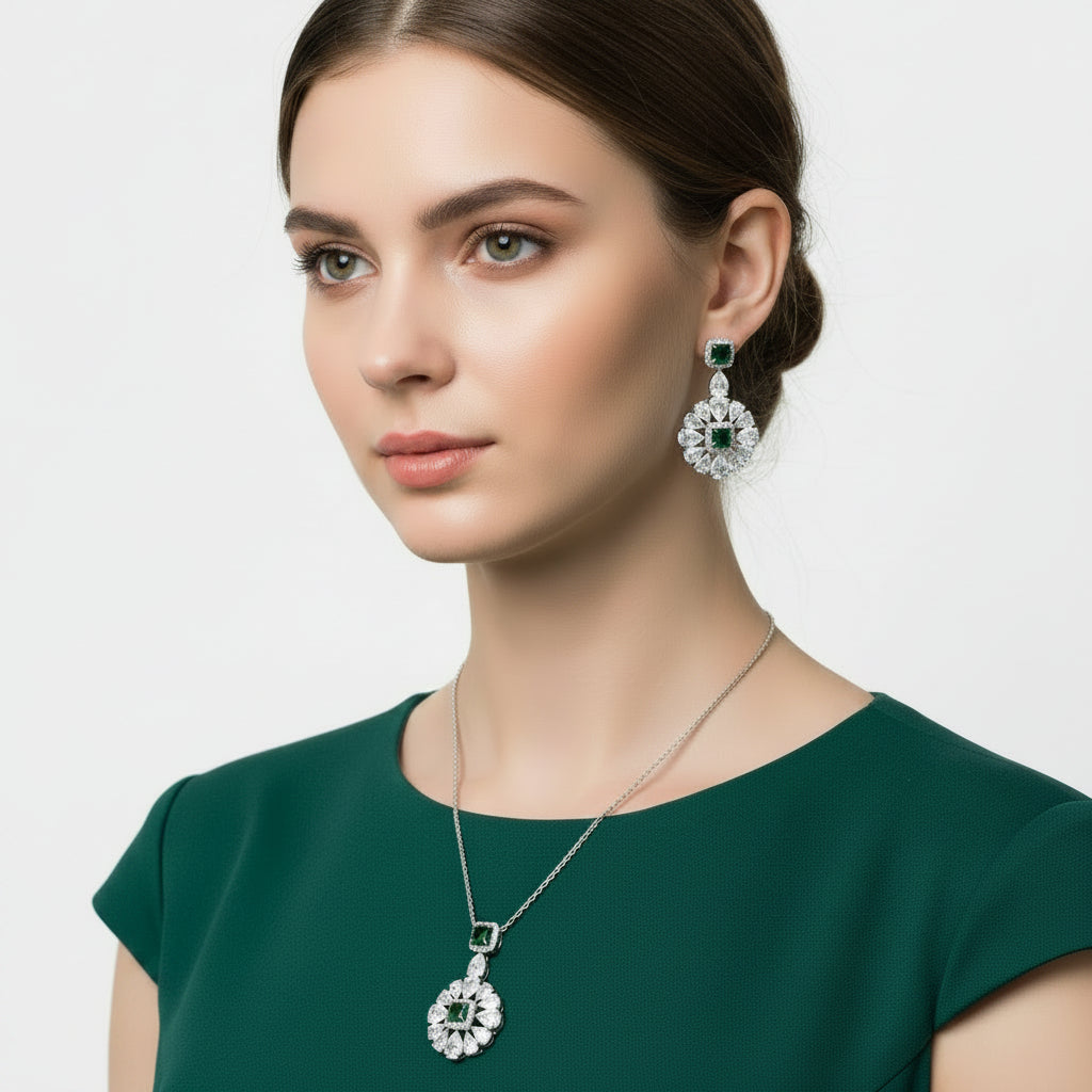 Jewelry set with pendants and earrings on a black background