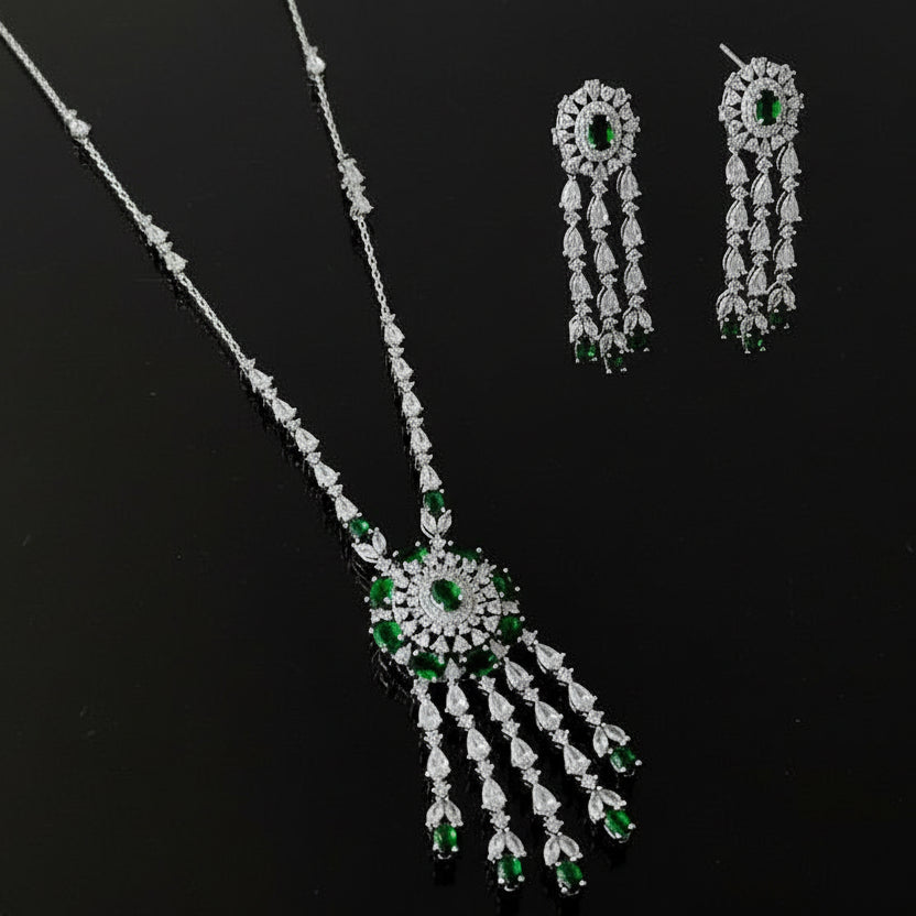 Jewelry set with necklace and earrings on a black background