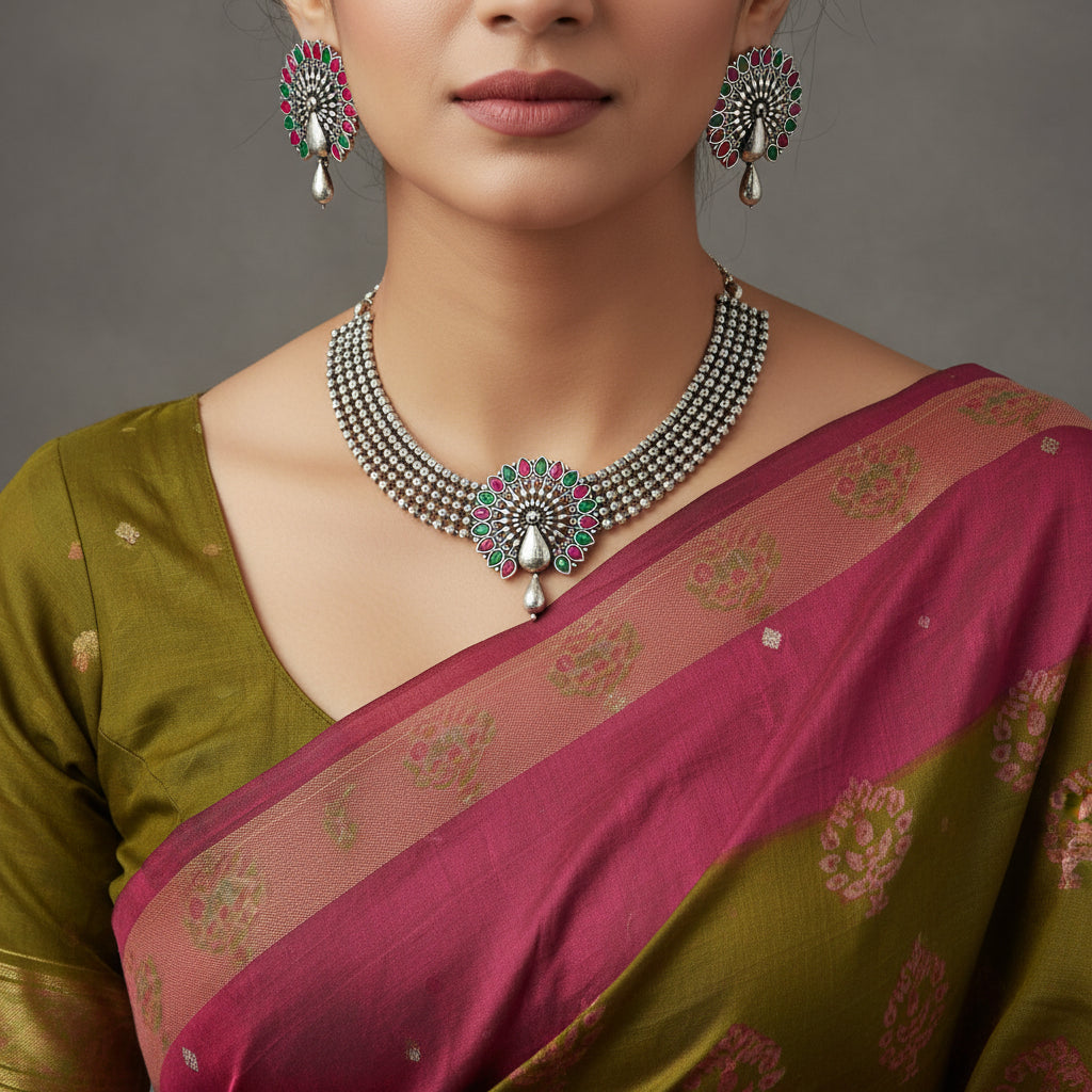 Silver necklace and earrings with colorful stones on a dark background