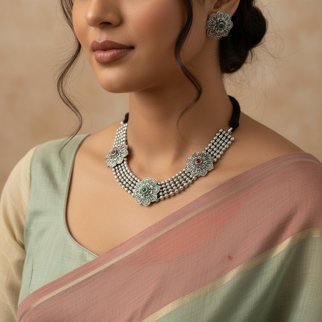 Silver necklace with floral designs and gemstones on a dark surface