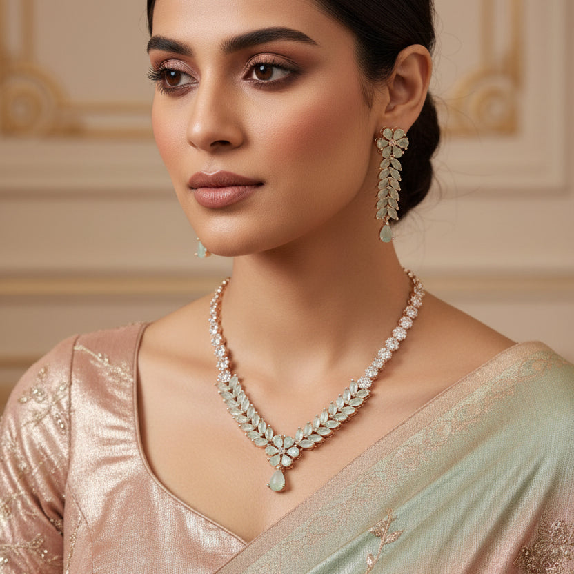 Jewelry set with necklace and earrings on a dark background